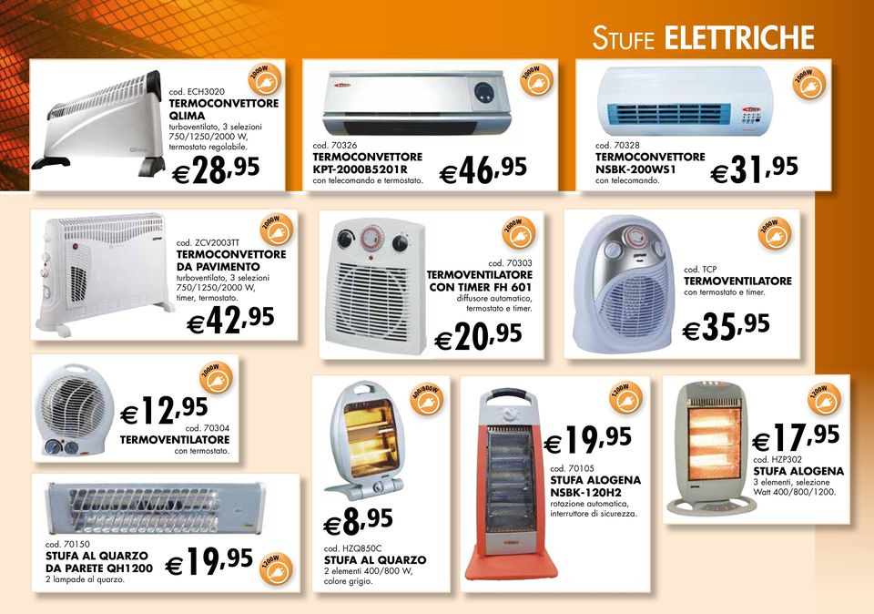 70303 TERMOVENTILATORE CON TIMER FH 601 diffusore automatico, termostato e timer. 2000W cod. TCP TERMOVENTILATORE con termostato e timer. E42,95 E20,95 E35,95 2000W 2000W cod.