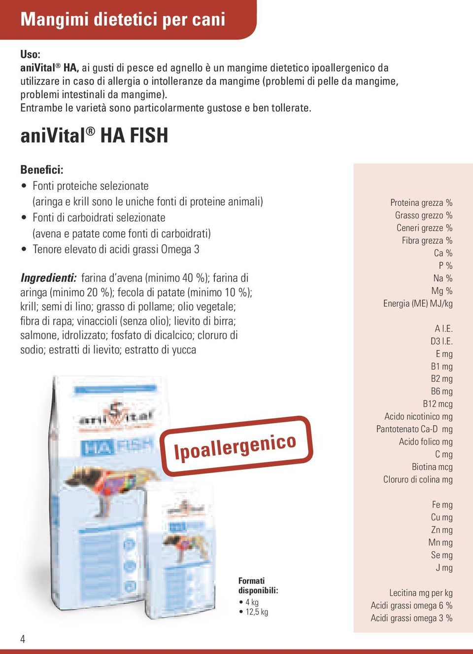 anivital HA FISH Benefici: Fonti proteiche selezionate (aringa e krill sono le uniche fonti di proteine animali) Fonti di carboidrati selezionate (avena e patate come fonti di carboidrati) Tenore