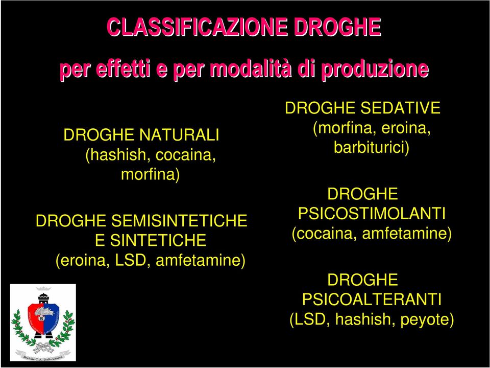 (eroina, LSD, amfetamine) DROGHE SEDATIVE (morfina, eroina, barbiturici)