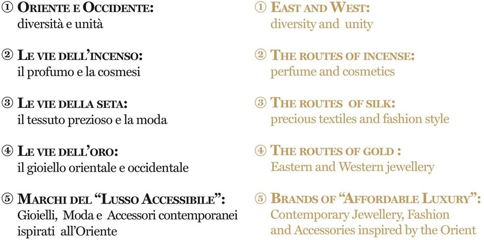 vie dell oro: il gioiello orientale e occidentale 4 The routes of gold : Eastern and Western jewellery 5 Marchi del Lusso Accessibile : Gioielli,