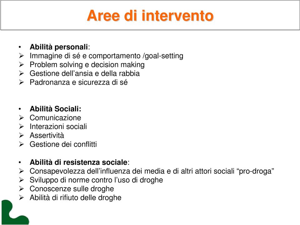 Assertività Gestione dei conflitti Abilità di resistenza sociale: Consapevolezza dell influenza dei media e di altri