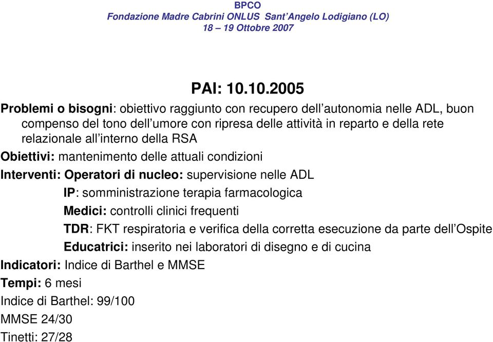 e della rete relazionale all interno della RSA Obiettivi: mantenimento delle attuali condizioni Interventi: Operatori di nucleo: supervisione nelle ADL IP: