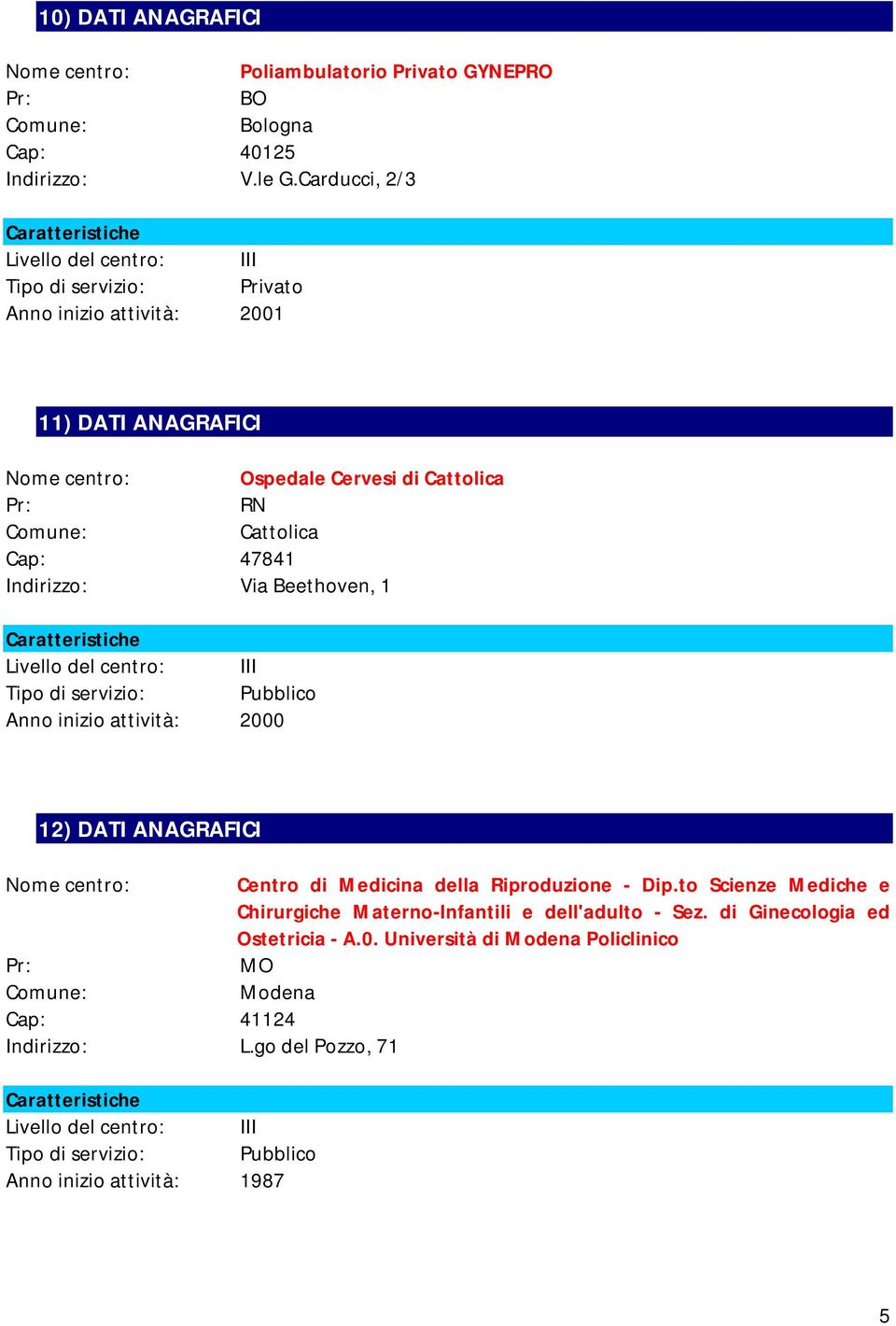 Beethoven, 1 Anno inizio attività: 2000 12) DATI ANAGRAFICI Centro di Medicina della Riproduzione - Dip.