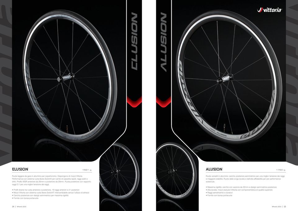 Profili diversi tra ruota anteriore e posteriore, 16 raggi anteriori e 21 posteriori Mozzi Vittoria con sistema ruota libera SwitchIT intercambiabile senza l utilizzo di attrezzi Cerchio posteriore