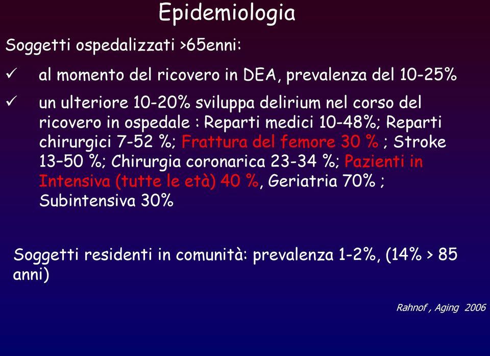 Frattura del femore 30 % ; Stroke 13 50 %; Chirurgia coronarica 23-34 %; Pazienti in Intensiva (tutte le età) 40