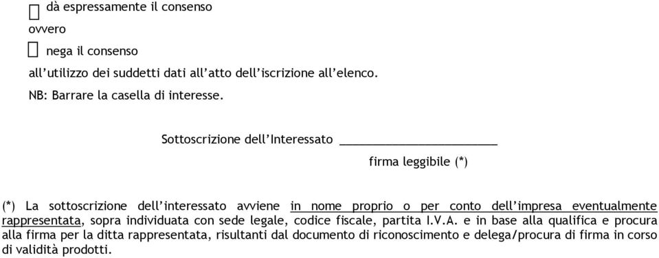 Sottoscrizione dell Interessato firma leggibile (*) (*) La sottoscrizione dell interessato avviene in nome proprio o per conto dell impresa