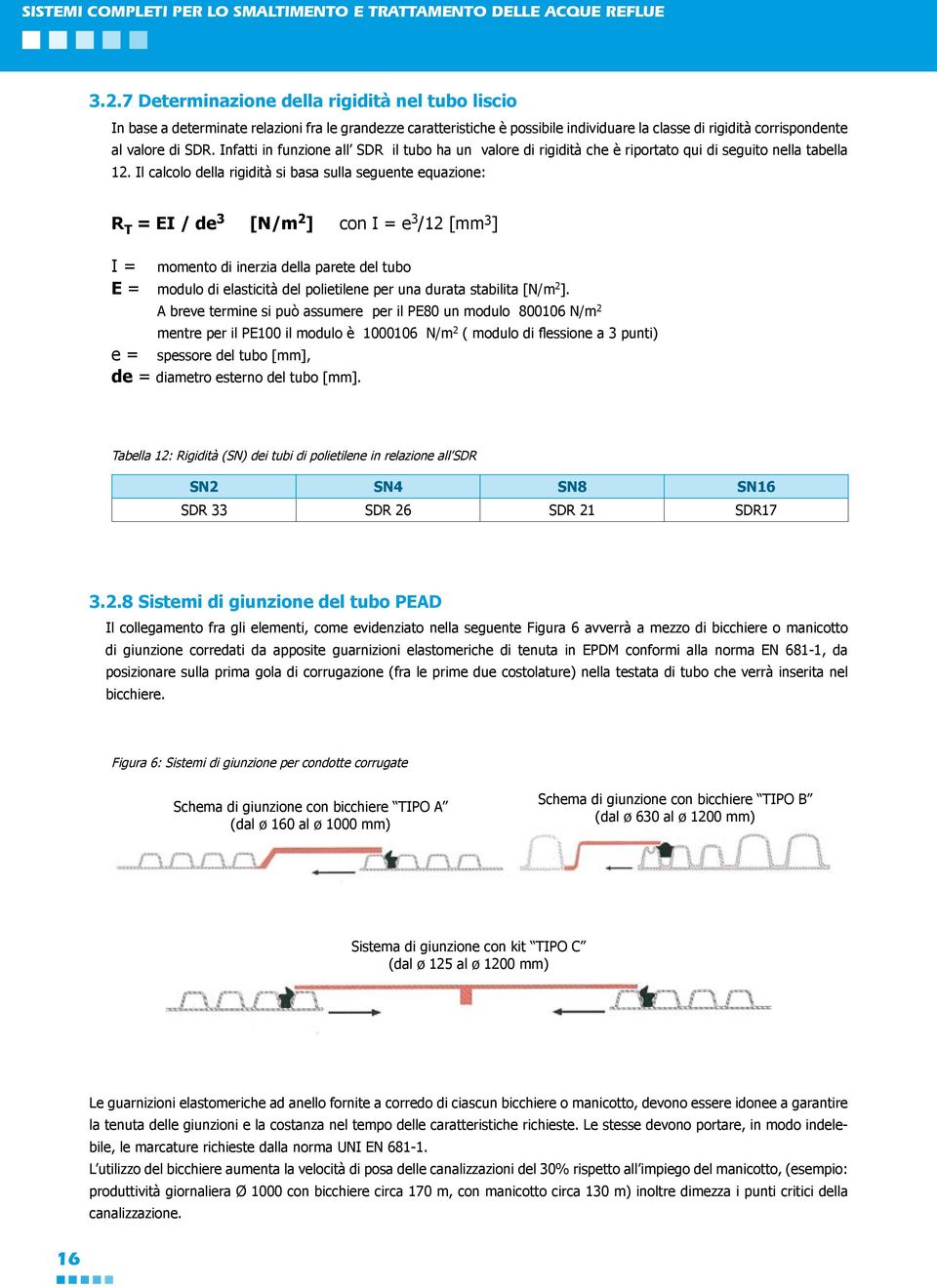 Il calcolo della rigidità si basa sulla seguente equazione: R T = EI / de 3 [N/m 2 ] con I = e 3 /12 [mm 3 ] I = momento di inerzia della parete del tubo E = modulo di elasticità del polietilene per