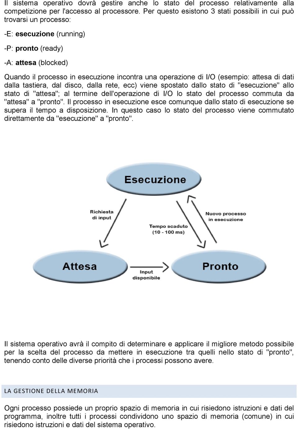 (esempio: attesa di dati dalla tastiera, dal disco, dalla rete, ecc) viene spostato dallo stato di "esecuzione" allo stato di "attesa"; al termine dell'operazione di I/O lo stato del processo commuta