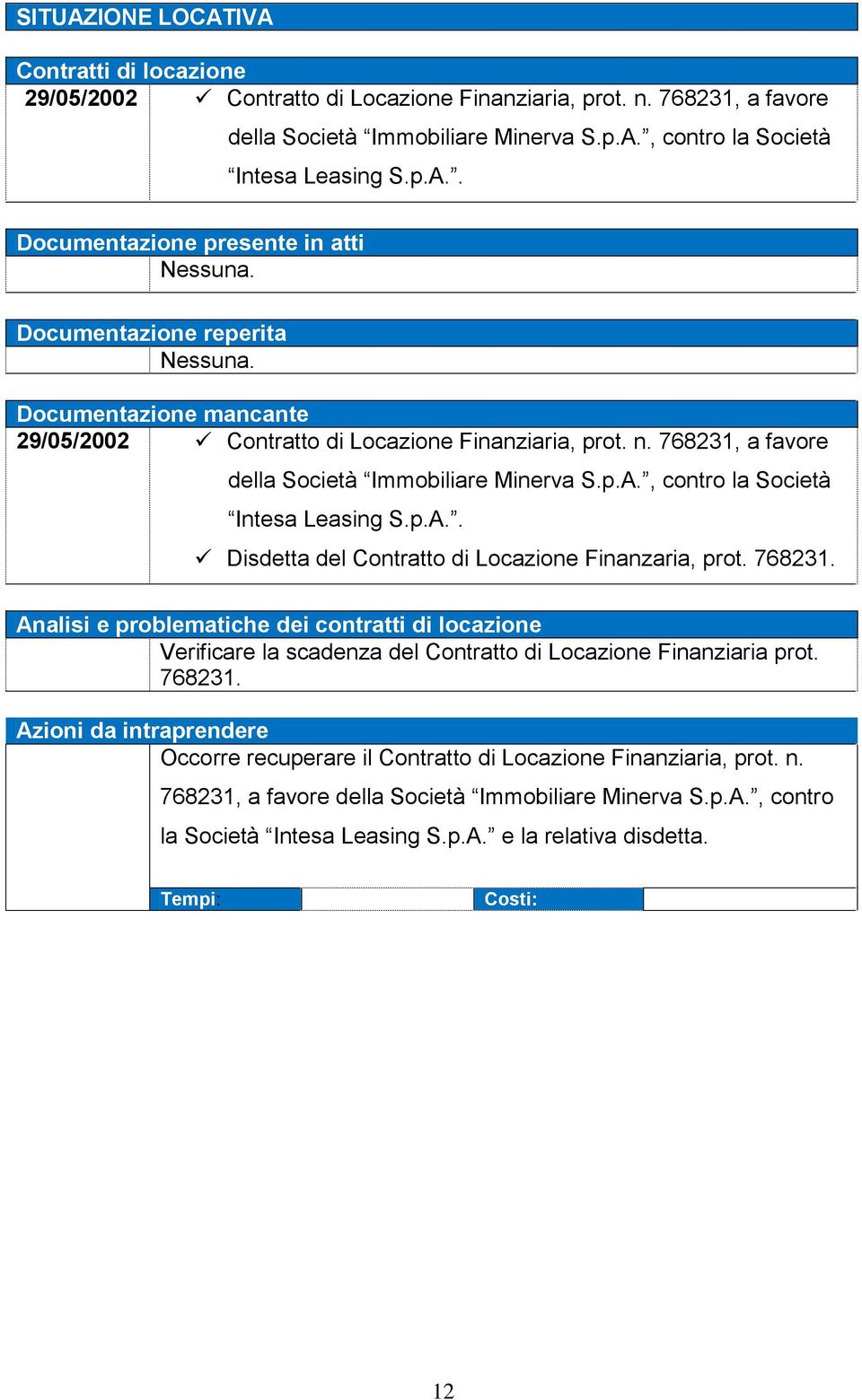 , contro la Società Intesa Leasing S.p.A.. Disdetta del Contratto di Locazione Finanzaria, prot. 768231.