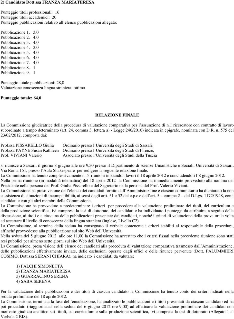 1 Punteggio totale pubblicazioni: 28,0 Valutazione conoscenza lingua straniera: ottimo Punteggio totale: 64,0 RELAZIONE FINALE La Commissione giudicatrice della procedura di valutazione comparativa