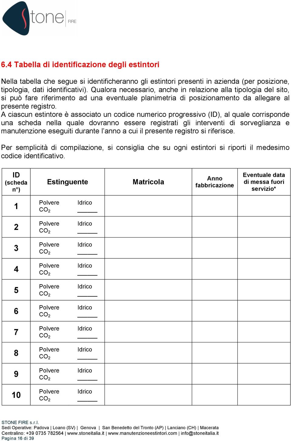 A ciascun estintore è associato un codice numerico progressivo (ID), al quale corrisponde una scheda nella quale dovranno essere registrati gli interventi di sorveglianza e manutenzione eseguiti