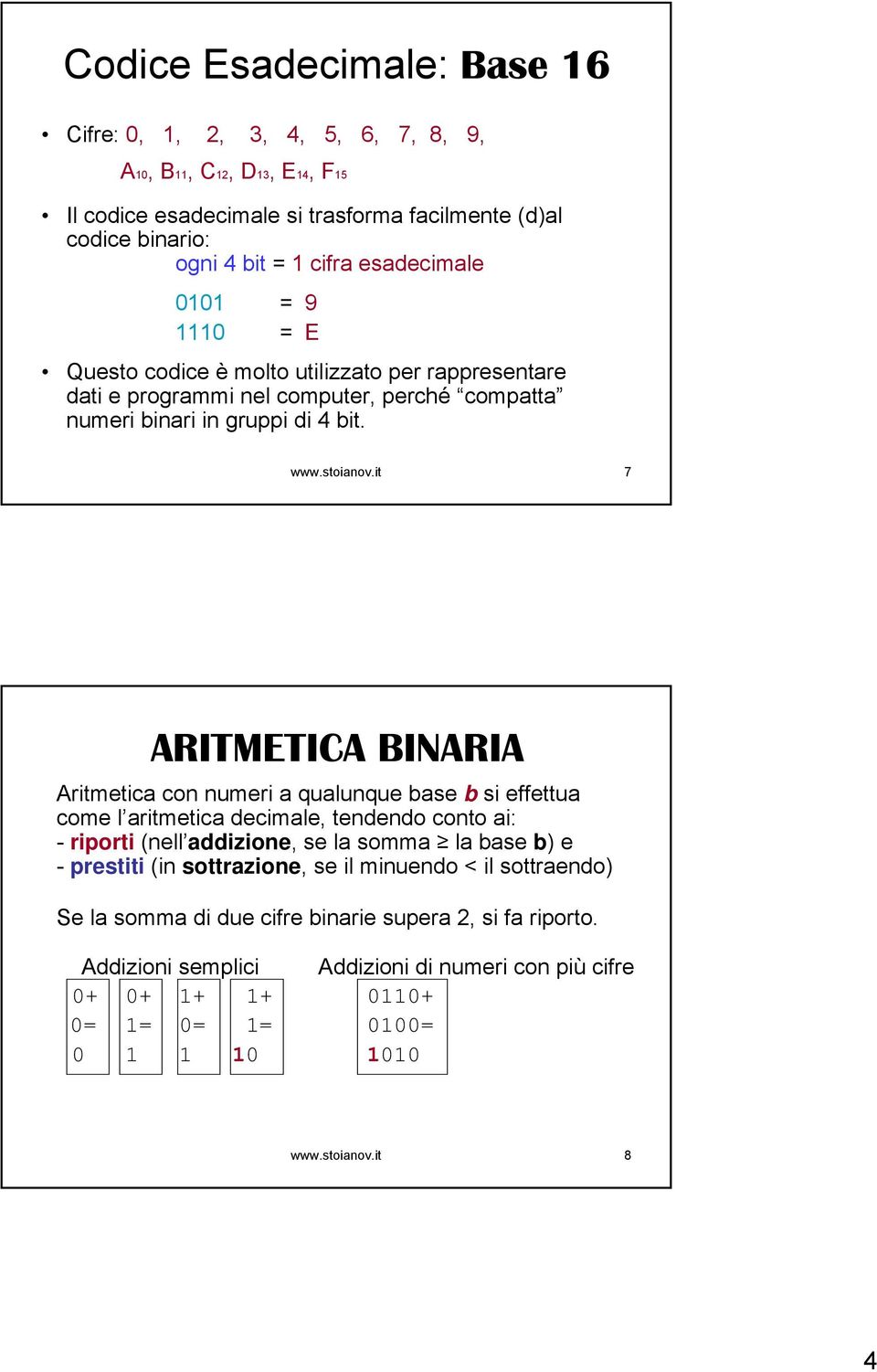 it 7 ARITMETICA BINARIA Aritmetica con numeri a qualunque base b si effettua come l aritmetica decimale, tendendo conto ai: - riporti (nell addizione, se la somma la base b e - prestiti (in