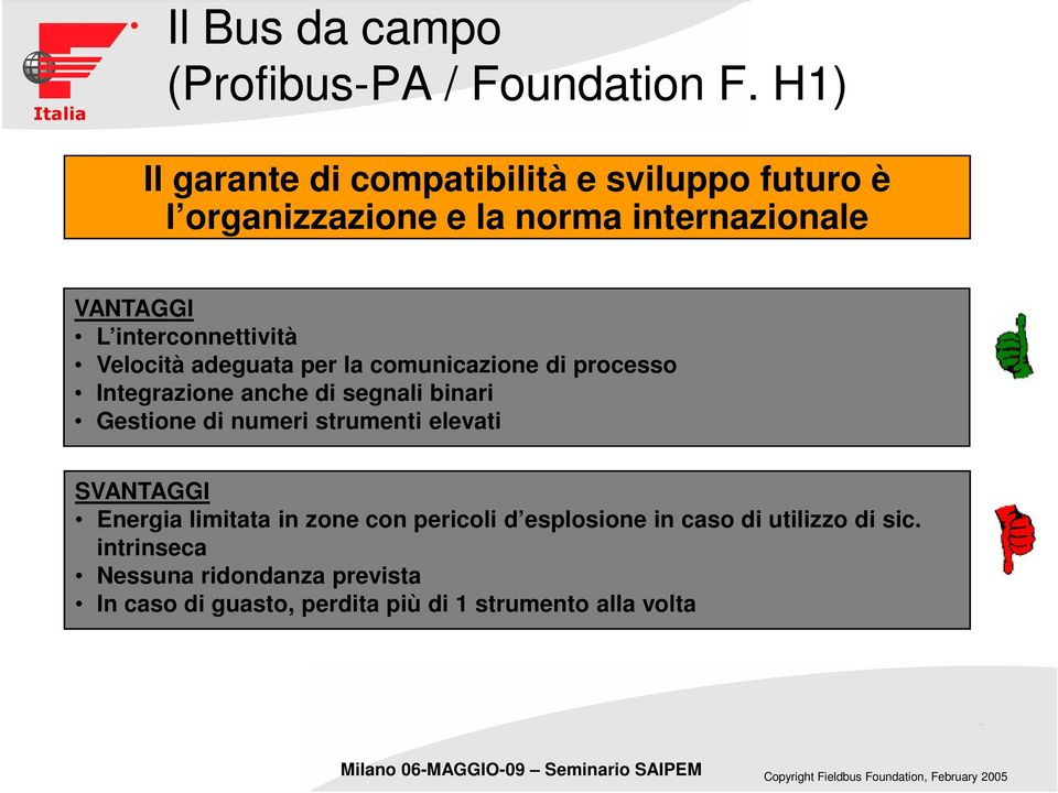 interconnettività Velocità adeguata per la comunicazione di processo Integrazione anche di segnali binari Gestione di