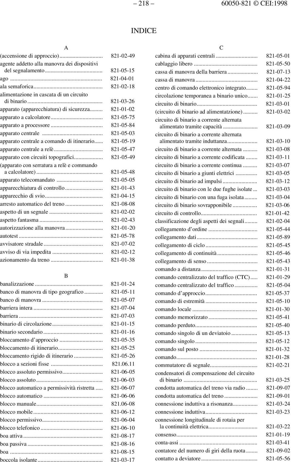 .. 821-05-84 apparato centrale... 821-05-03 apparato centrale a comando di itinerario... 821-05-19 apparato centrale a relè... 821-05-47 apparato con circuiti topografici.