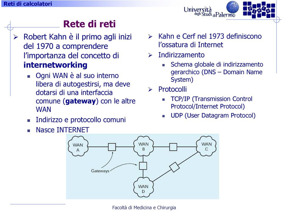 comuni Nasce INTERNET Kahn e Cerf nel 1973 definiscono l ossatura di Internet Indirizzamento Protocolli Schema globale di