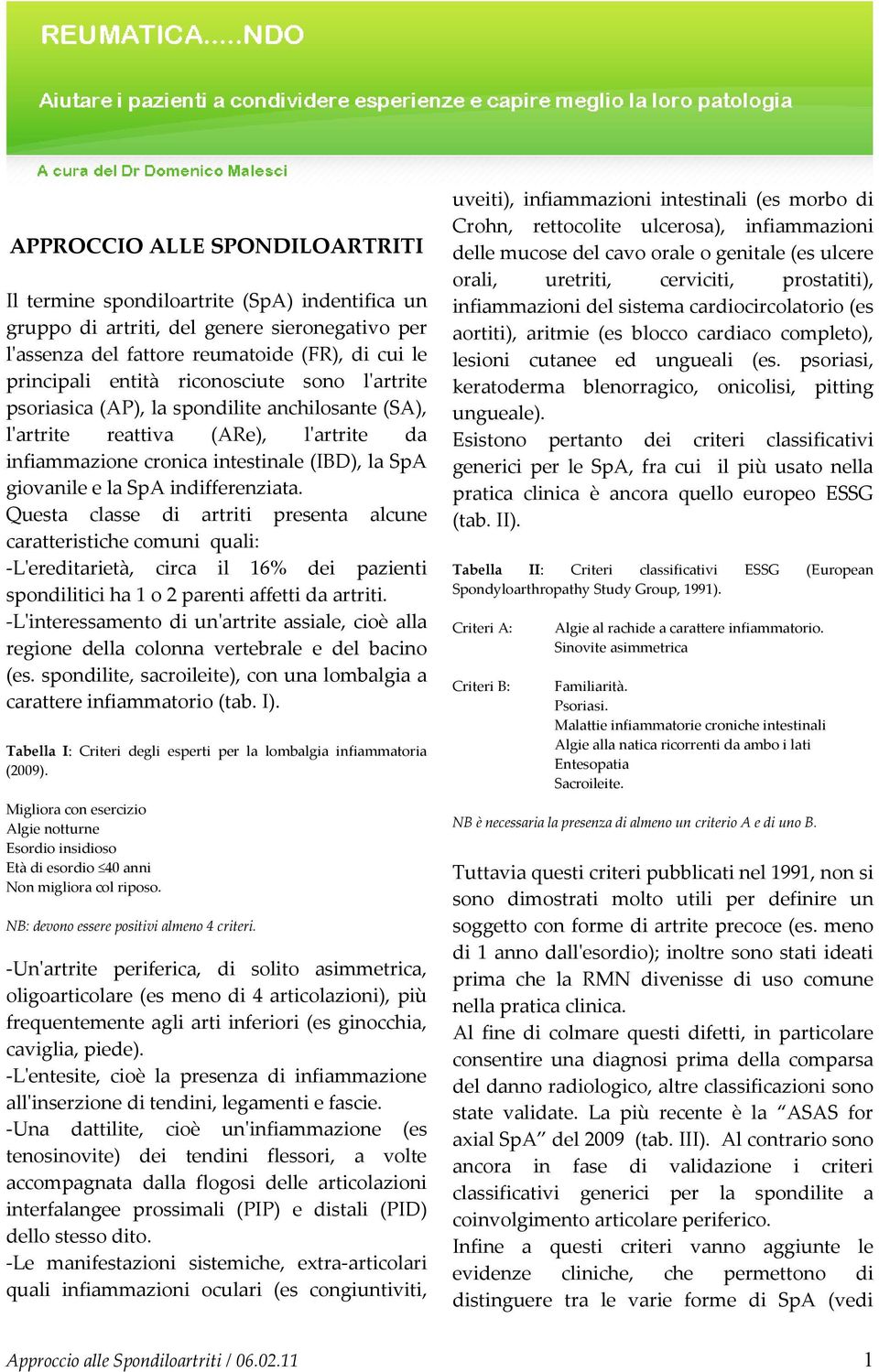 Questa classe di artriti presenta alcune caratteristiche comuni quali: -L'ereditarietà, circa il 16% dei pazienti spondilitici ha 1 o 2 parenti affetti da artriti.