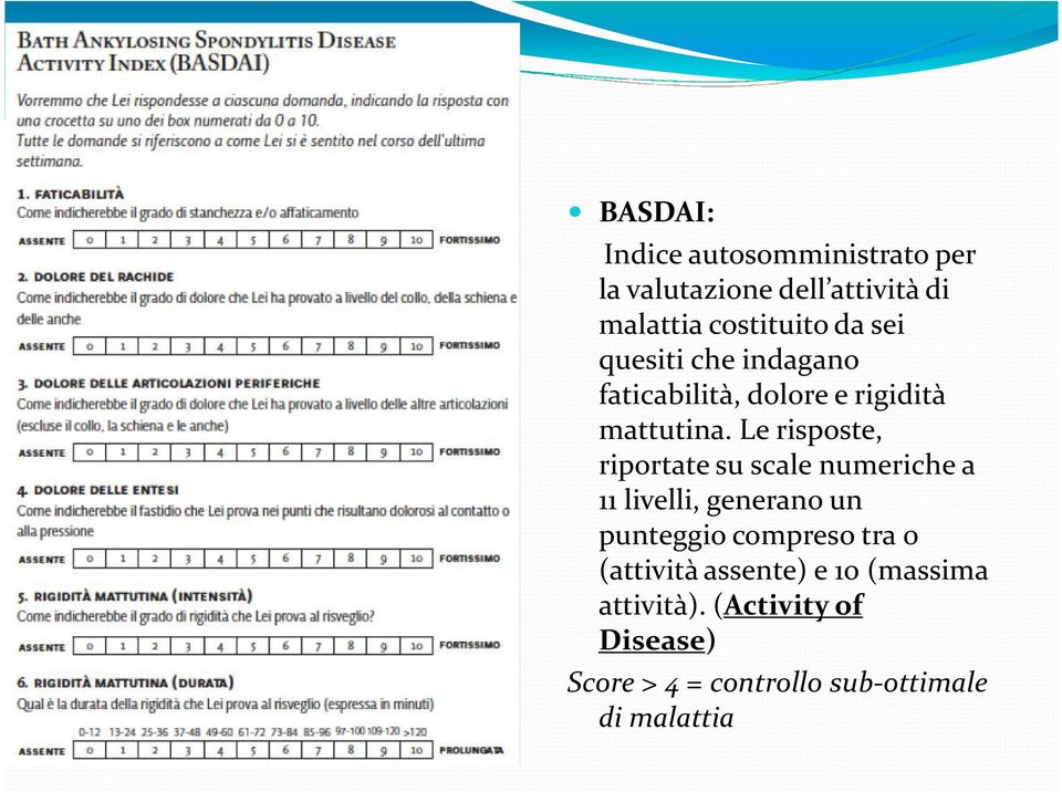 Le risposte, riportate su scale numeriche a 11 livelli, generano un punteggio compreso tra