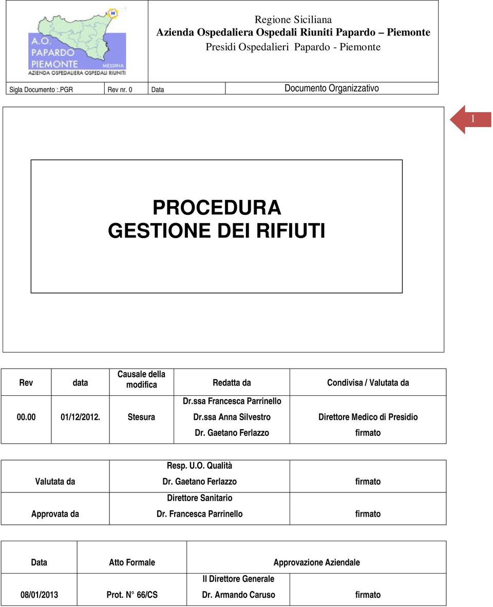 Gaetano Ferlazzo Direttore Medico di Presidio firmato Valutata da Approvata da Resp. U.O. Qualità Dr.