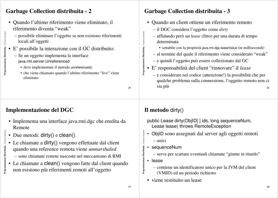 unreferenced deve implementare il metodo unreferenced() che viene chiamato quando l ultimo riferimento live viene eliminato 25 Quando un client ottiene un riferimento remoto il DGC considera l