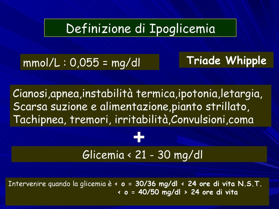 alimentazione,pianto strillato, Tachipnea, tremori, irritabilità,convulsioni,coma +