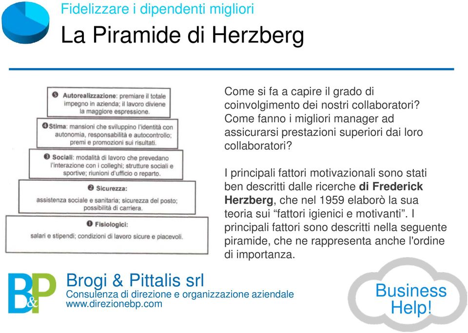 I principali fattori motivazionali sono stati ben descritti dalle ricerche di Frederick Herzberg, che nel 1959 elaborò la