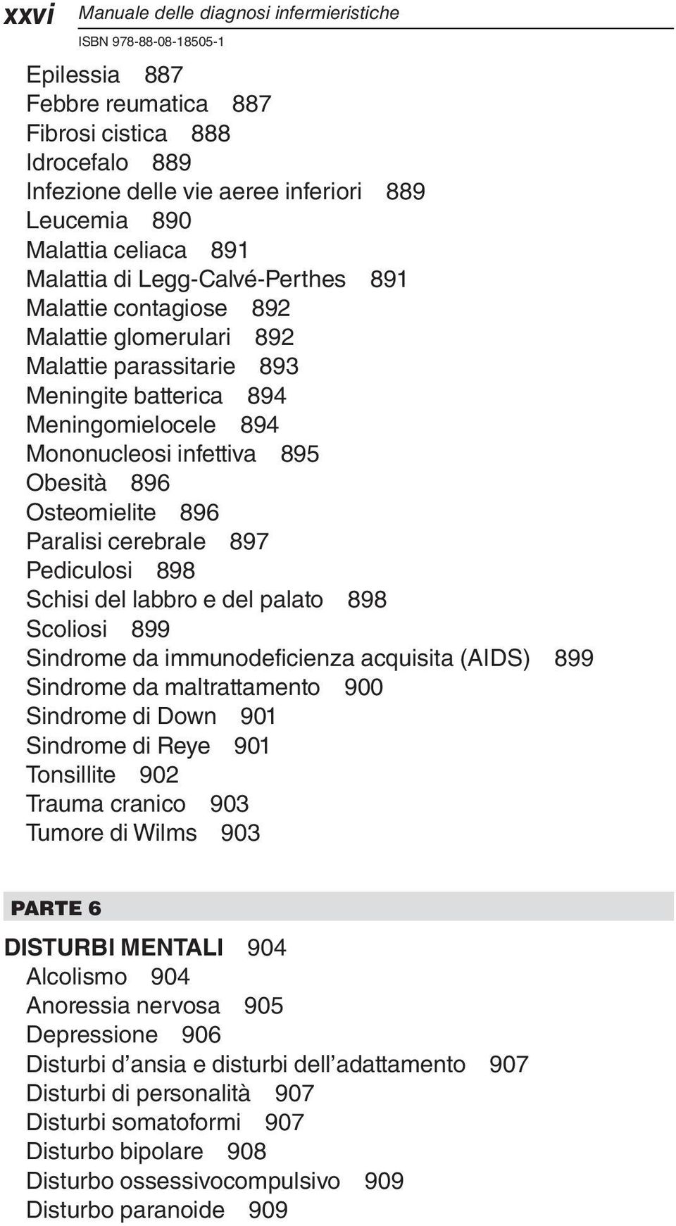 896 Paralisi cerebrale 897 Pediculosi 898 Schisi del labbro e del palato 898 Scoliosi 899 Sindrome da immunodeficienza acquisita (AIDS) 899 Sindrome da maltrattamento 900 Sindrome di Down 901