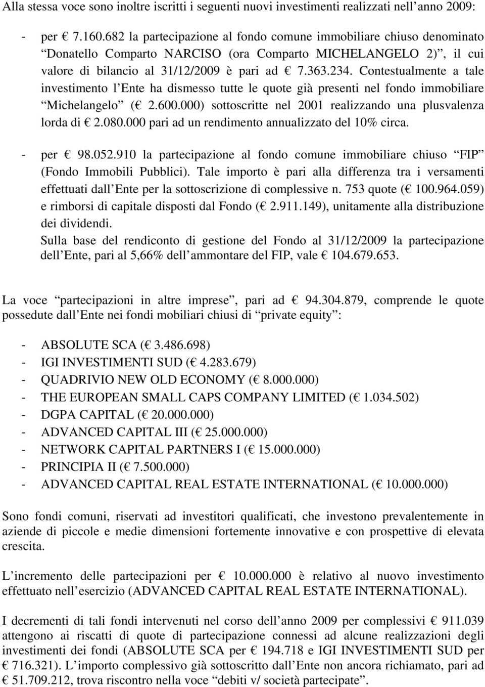 Contestualmente a tale investimento l Ente ha dismesso tutte le quote già presenti nel fondo immobiliare Michelangelo ( 2.600.000) sottoscritte nel 2001 realizzando una plusvalenza lorda di 2.080.