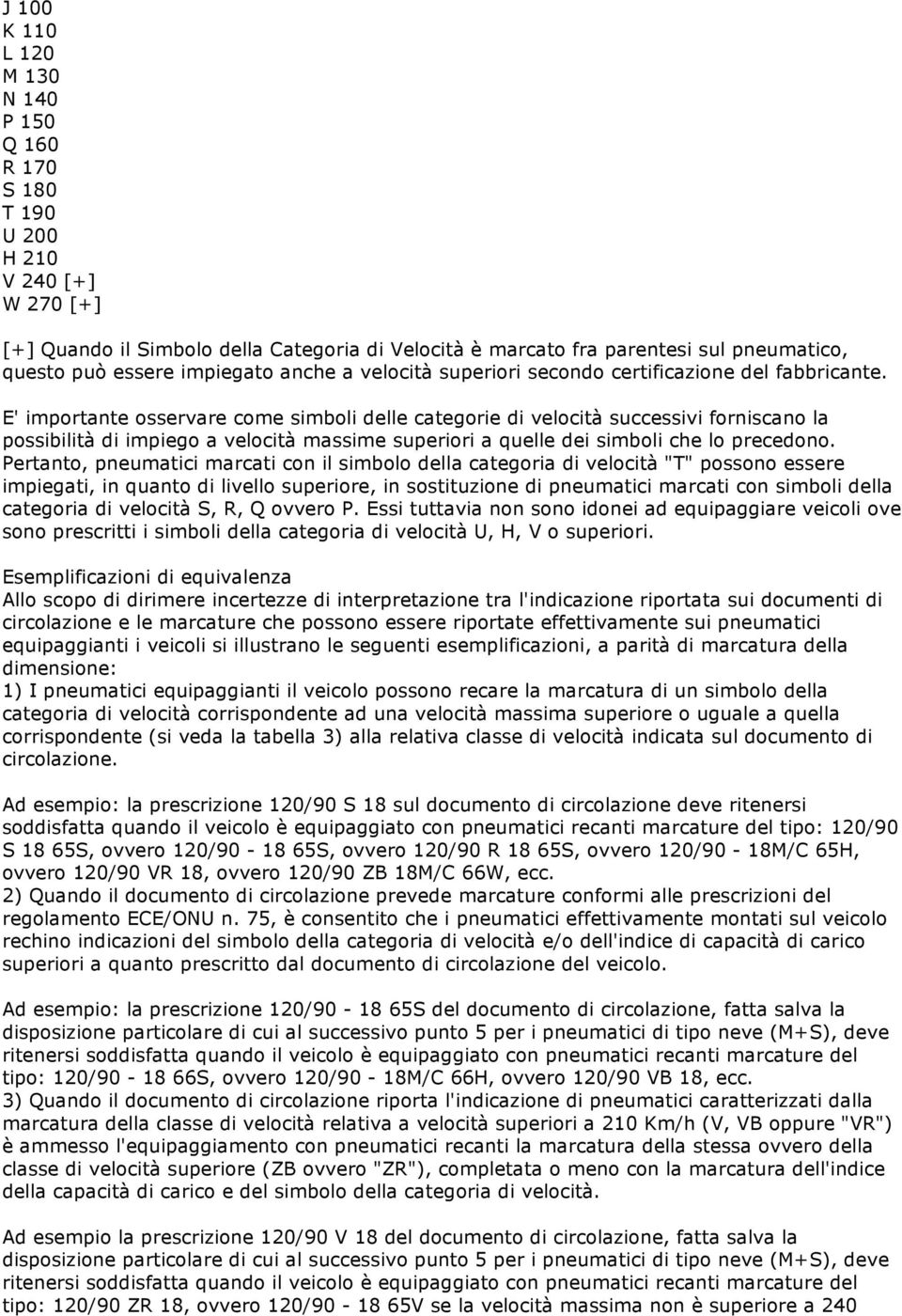 E' importante osservare come simboli delle categorie di velocità successivi forniscano la possibilità di impiego a velocità massime superiori a quelle dei simboli che lo precedono.