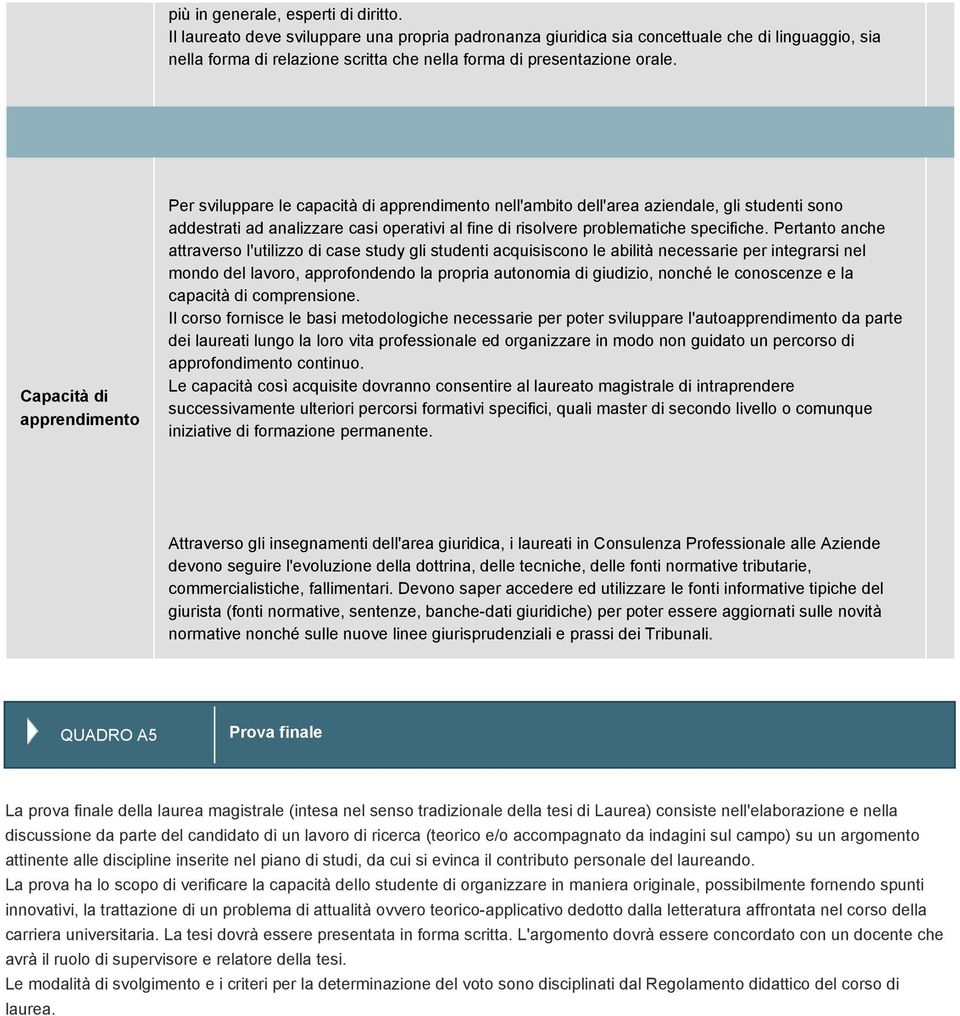 Capacità di apprendimento Per sviluppare le capacità di apprendimento nell'ambito dell'area aziendale, gli studenti sono addestrati ad analizzare casi operativi al fine di risolvere problematiche