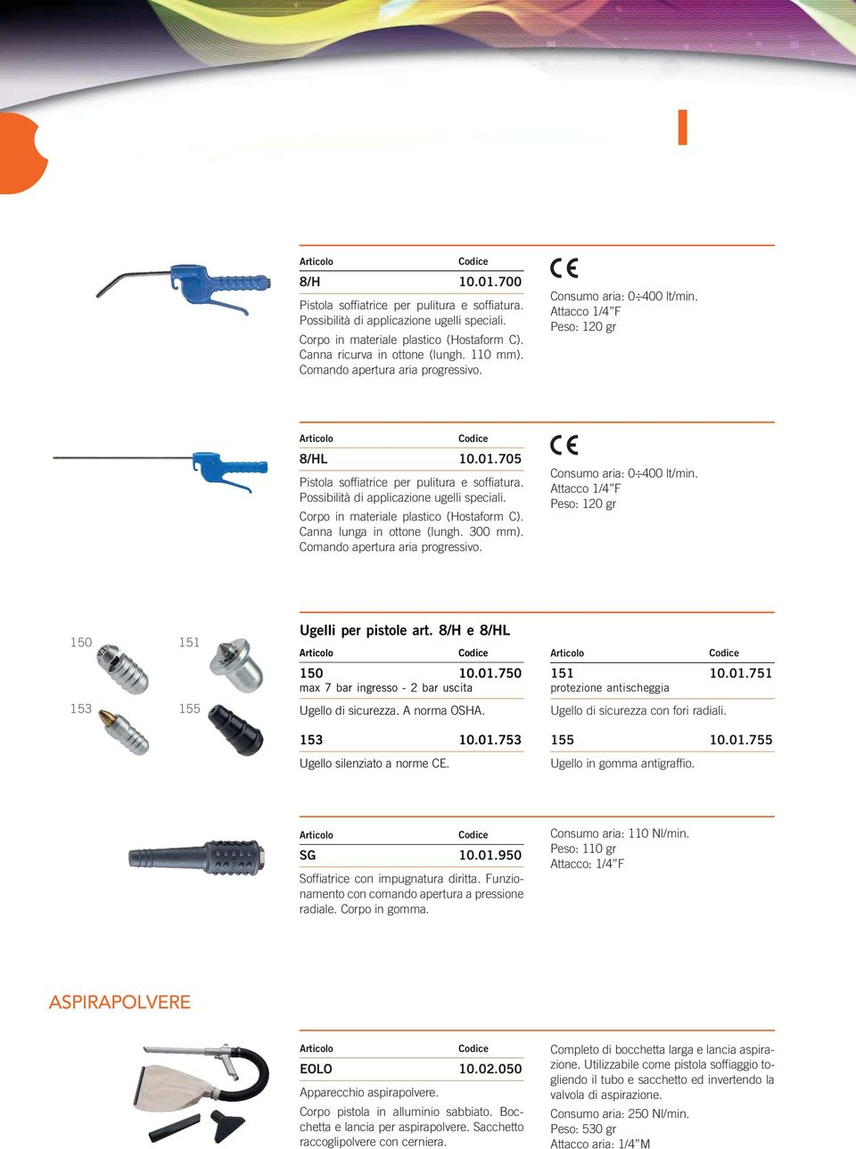 Corpo in materiale plastico (Hostaform C). Canna lunga in ottone (lungh. 300 mm). Comando apertura aria progressivo. Consumo aria: 0 400 lt/min. Attacco 1/4 F Peso: 120 gr 150 151 U 150 10.01.