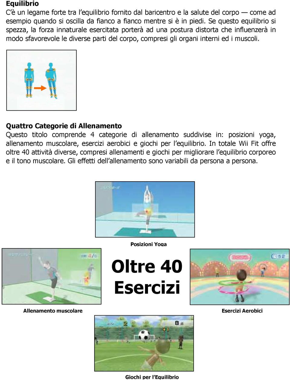 Quattro Categorie di Allenamento Questo titolo comprende 4 categorie di allenamento suddivise in: posizioni yoga, allenamento muscolare, esercizi aerobici e giochi per l equilibrio.