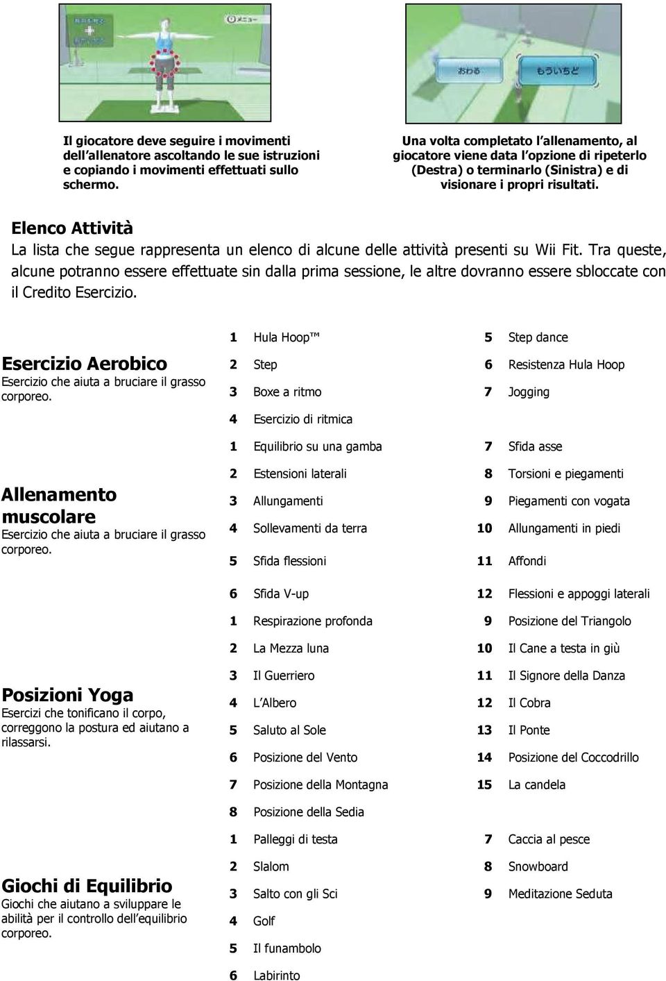 Elenco Attività La lista che segue rappresenta un elenco di alcune delle attività presenti su Wii Fit.