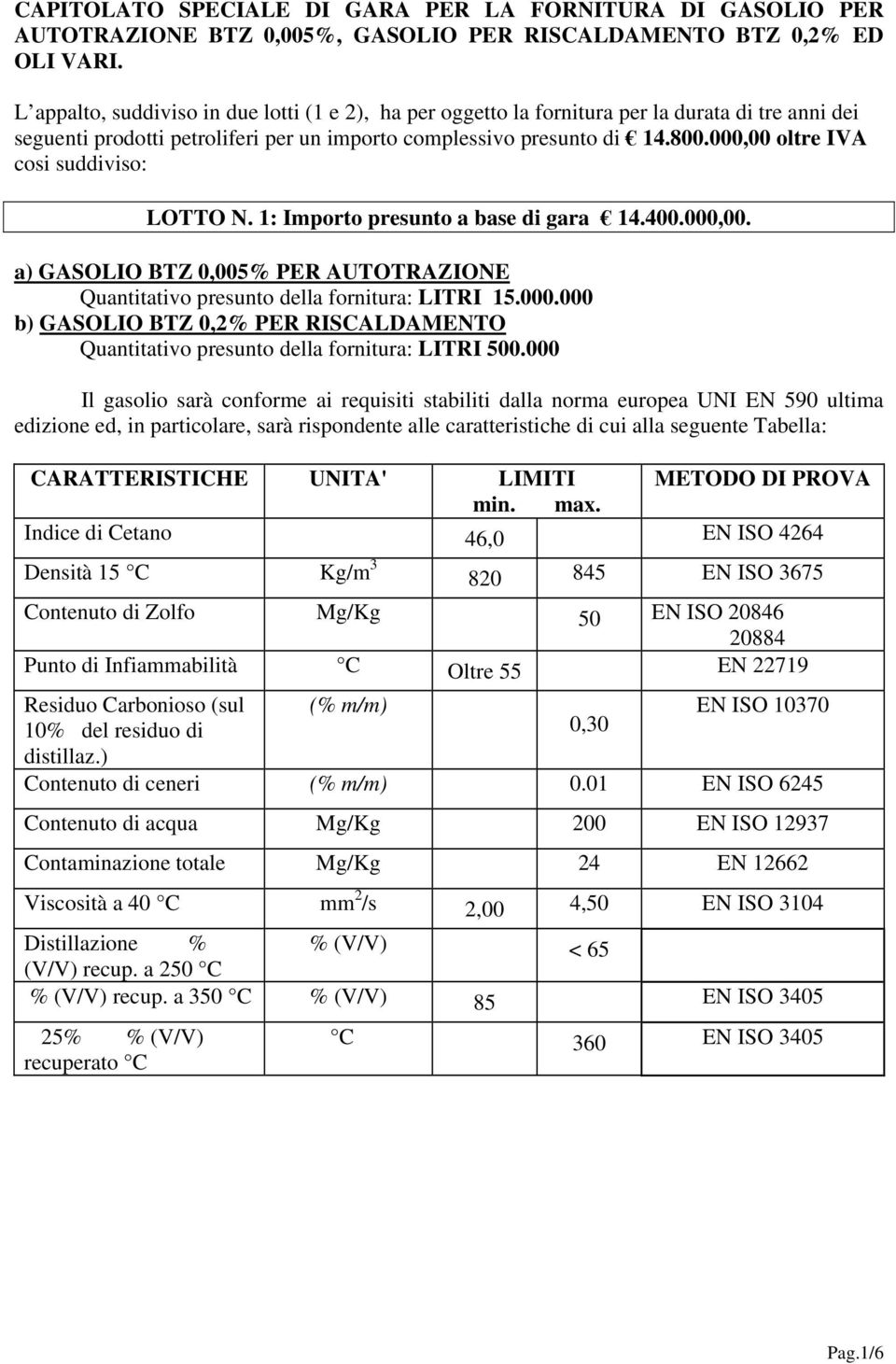 000,00 oltre IVA cosi suddiviso: LOTTO N. 1: Importo presunto a base di gara 14.400.000,00. a) GASOLIO BTZ 0,005% PER AUTOTRAZIONE Quantitativo presunto della fornitura: LITRI 15.000.000 b) GASOLIO BTZ 0,2% PER RISCALDAMENTO Quantitativo presunto della fornitura: LITRI 500.
