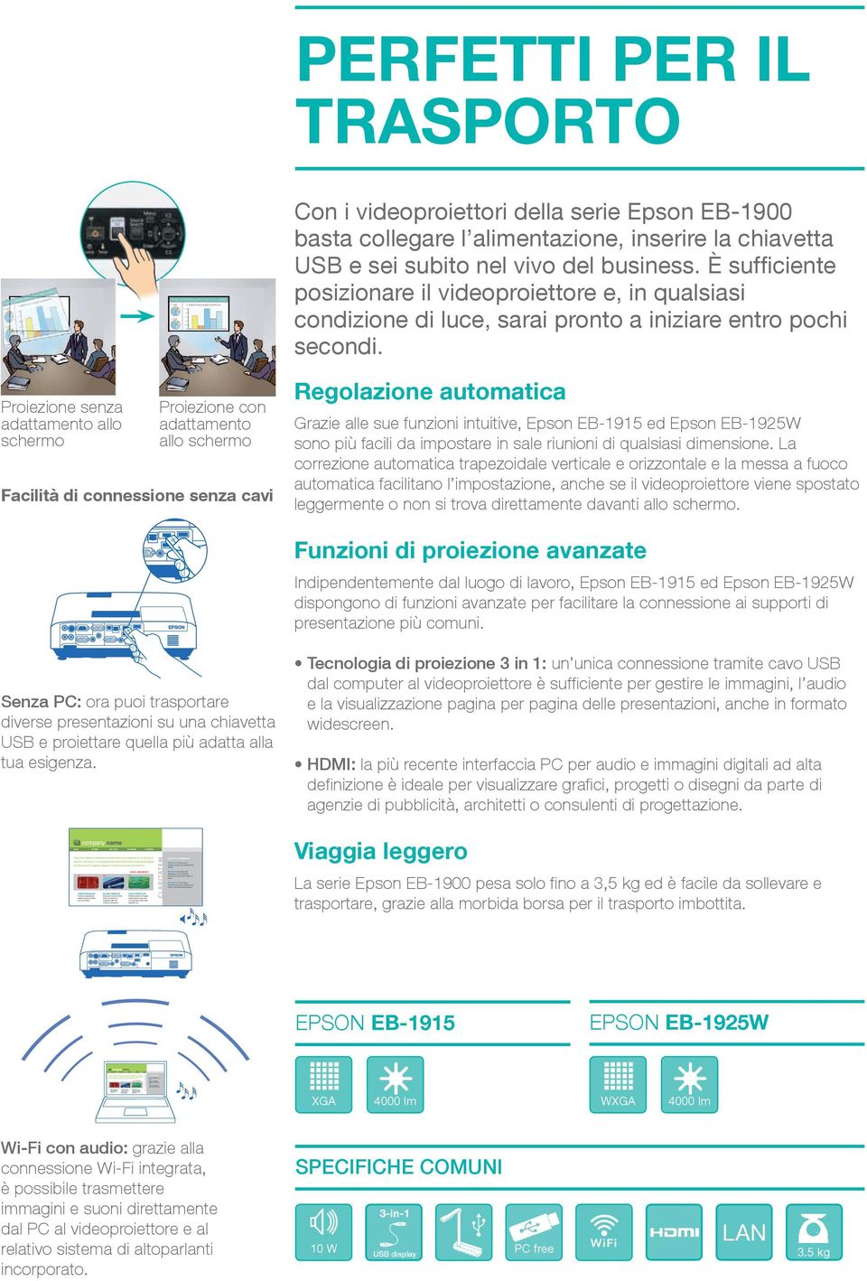 Proiezione senza adattamento allo schermo Proiezione con adattamento allo schermo Facilità di connessione senza cavi Regolazione automatica Grazie alle sue funzioni intuitive, Epson EB-1915 ed Epson