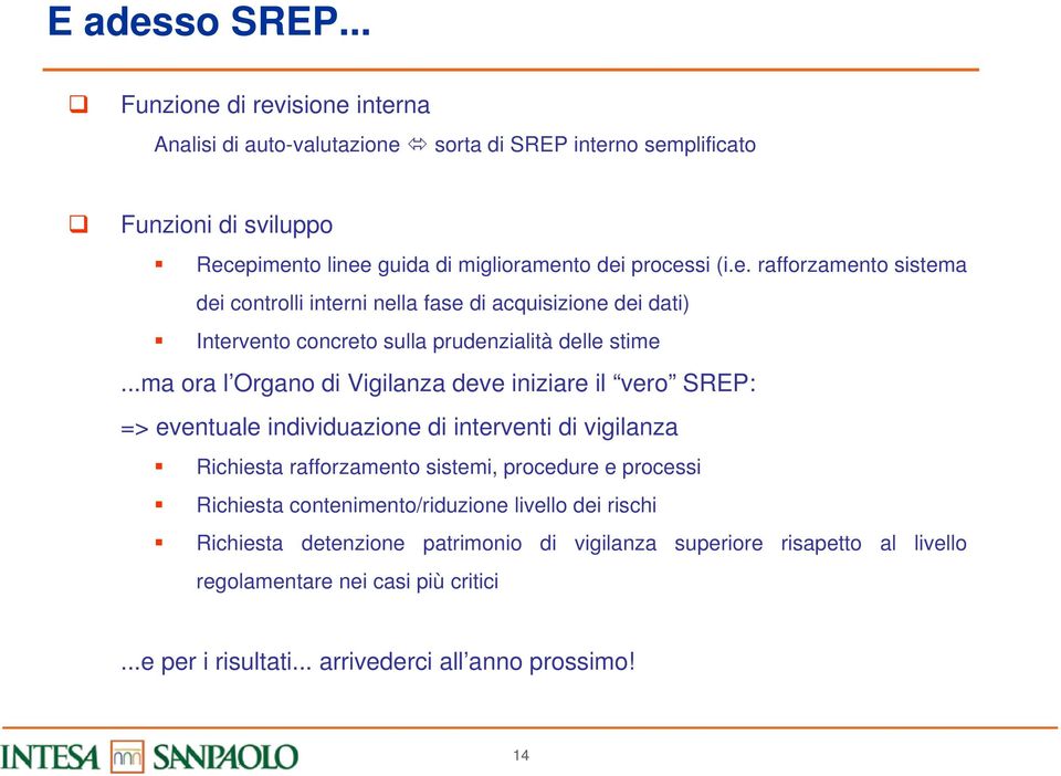 ..ma ora l Organo di Vigilanza deve iniziare il vero SREP: => eventuale individuazione di interventi di vigilanza Richiesta rafforzamento sistemi, procedure e processi Richiesta