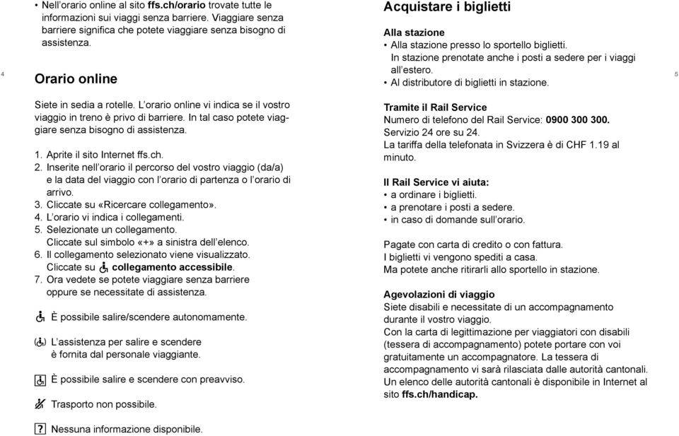 Al distributore di biglietti in stazione. 4 5 Siete in sedia a rotelle. L orario online vi indica se il vostro viaggio in treno è privo di barriere.