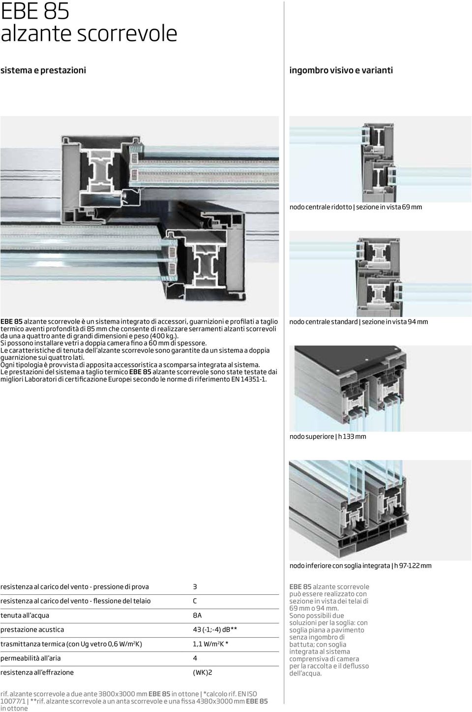 Si possono installare vetri a doppia camera fino a 60 mm di spessore. Le caratteristiche di tenuta dell alzante scorrevole sono garantite da un sistema a doppia guarnizione sui quattro lati.