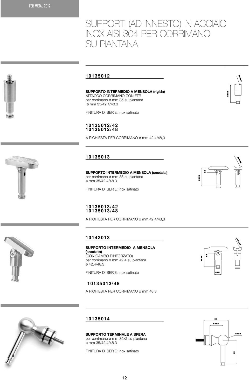 3 10135012/42 10135012/48 A RICHIESTA PER CORRIMANO ø mm 42,4/48,3 10135013 SUPPORTO INTERMEDIO A MENSOLA (snodata) per corrimano ø mm 35 su 3 10135013/42 10135013/48 A