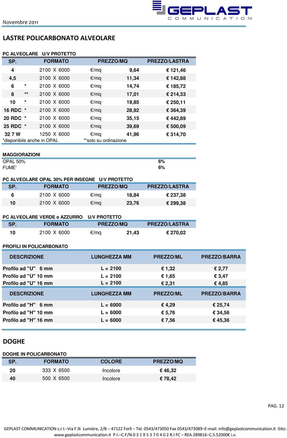 ordinazione MAGGIORAZIONI OPAL 50% FUME' PC ALVEOLARE OPAL 30% PER INSEGNE U/V PROTETTO /MQ 6 2100 X 6000 18,84 10 2100 X 6000 23,76 6% 6% /LASTRA 237,38 299,38 PC ALVEOLARE VERDE e AZZURRO U/V