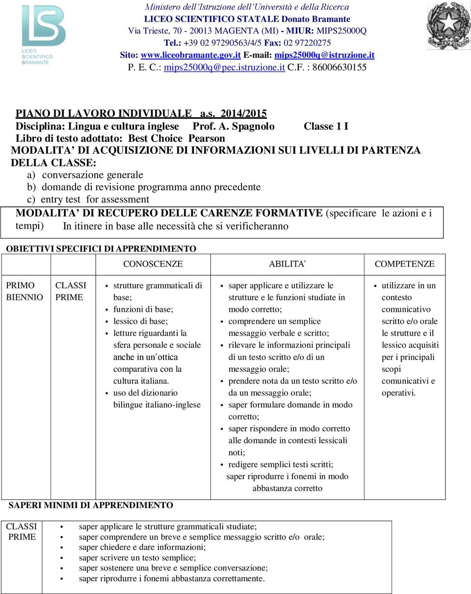 A. Spagnolo Classe 1 I Libro di testo adottato: Best Choice Pearson MODALITA DI ACQUISIZIONE DI INFORMAZIONI SUI LIVELLI DI PARTENZA DELLA CLASSE: a) conversazione generale b) domande di revisione