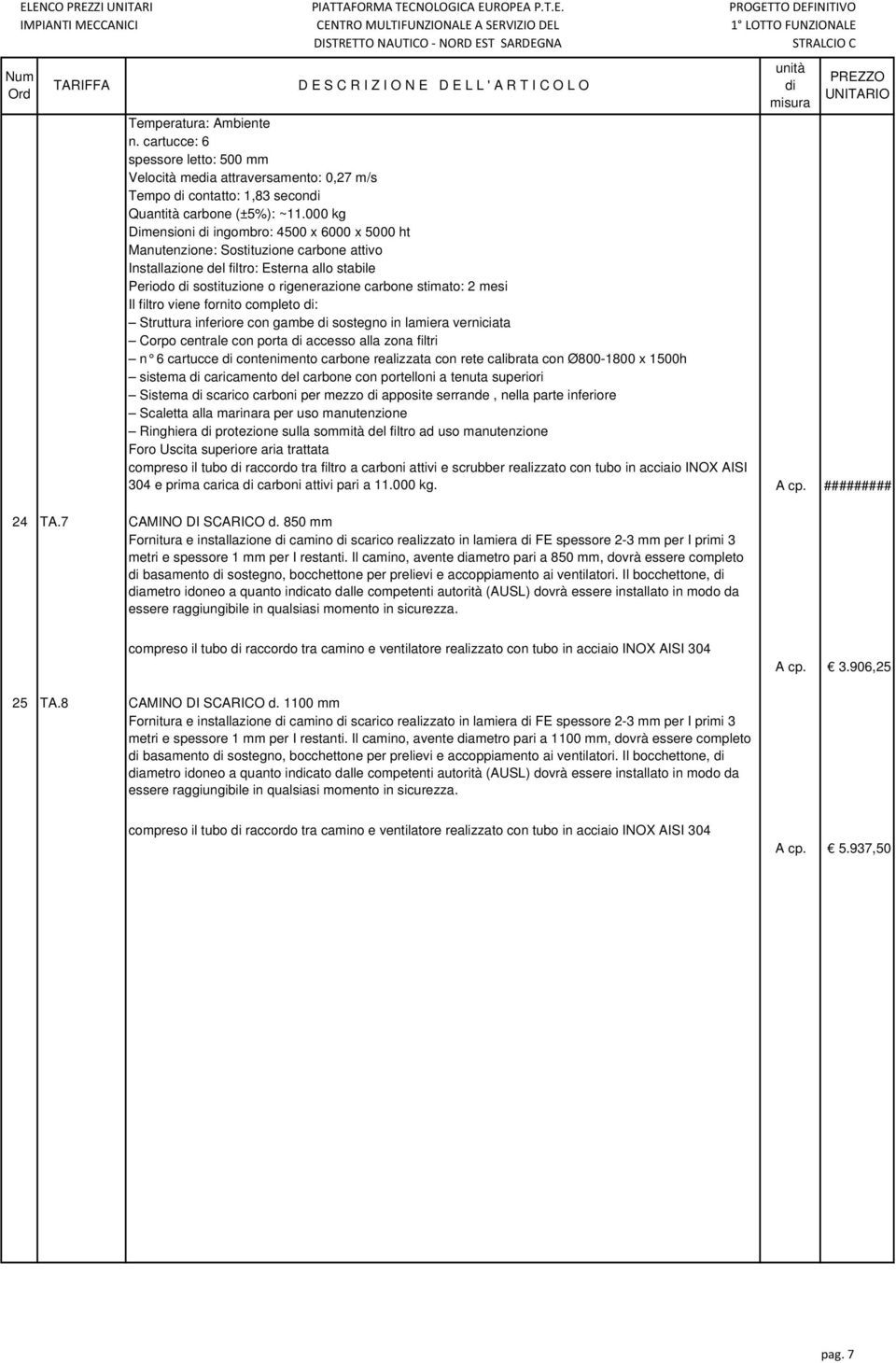 000 kg Dimensioni ingombro: 4500 x 6000 x 5000 ht Manutenzione: Sostituzione carbone attivo Installazione del filtro: Esterna allo stabile Periodo sostituzione o rigenerazione carbone stimato: 2 mesi