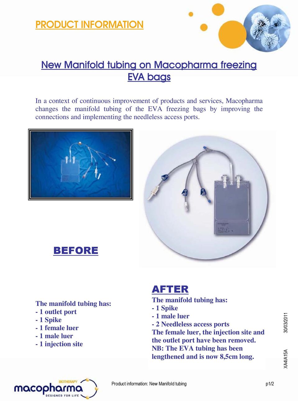 BEFORE The manifold tubing has: - 1 outlet port - 1 Spike - 1 female luer - 1 male luer - 1 injection site AFTER The manifold tubing has: - 1 Spike - 1 male luer - 2