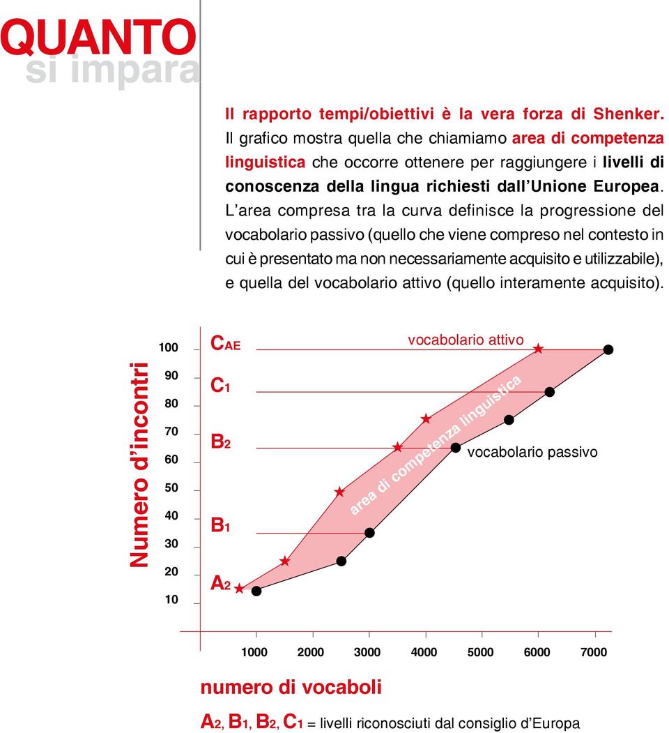 L area compresa tra la curva definisce la progressione del vocabolario passivo (quello che viene compreso nel contesto in cui è presentato ma non necessariamente acquisito e