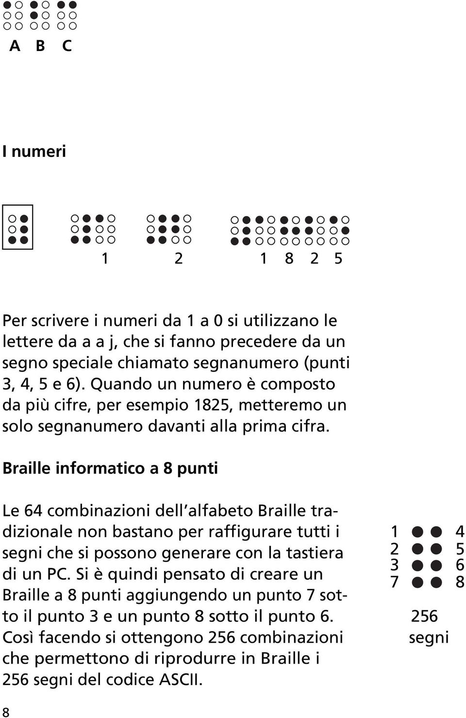Braille informatico a 8 punti Le 64 combinazioni dell alfabeto Braille tradizionale non bastano per raffigurare tutti i segni che si possono generare con la tastiera di un PC.