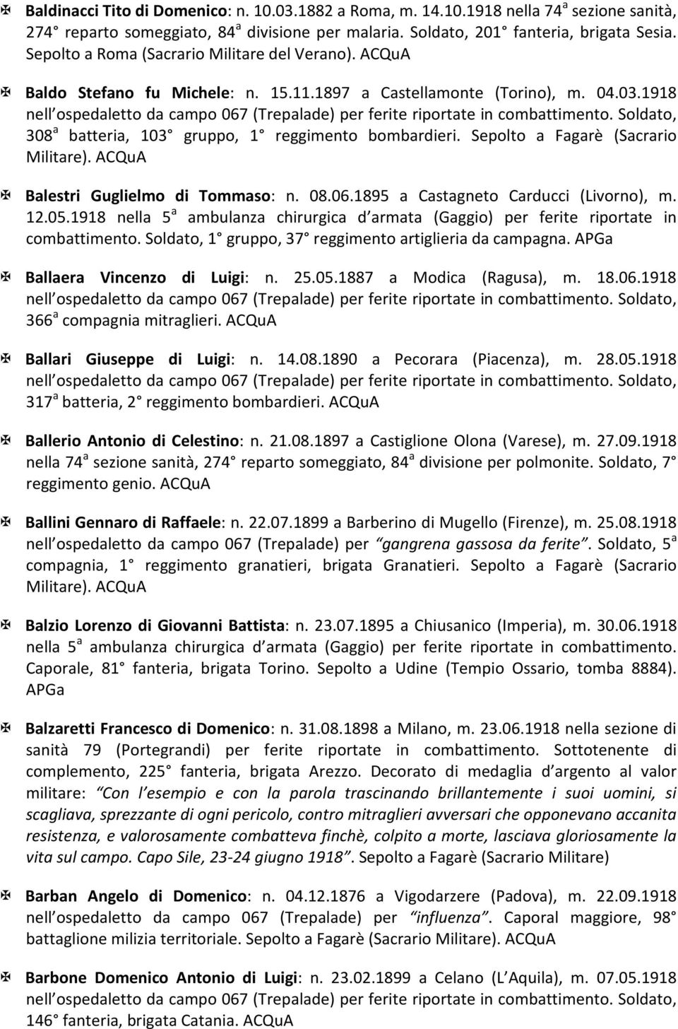 Sepolto a Fagarè (Sacrario Militare). ACQuA Balestri Guglielmo di Tommaso: n. 08.06.1895 a Castagneto Carducci (Livorno), m. 12.05.