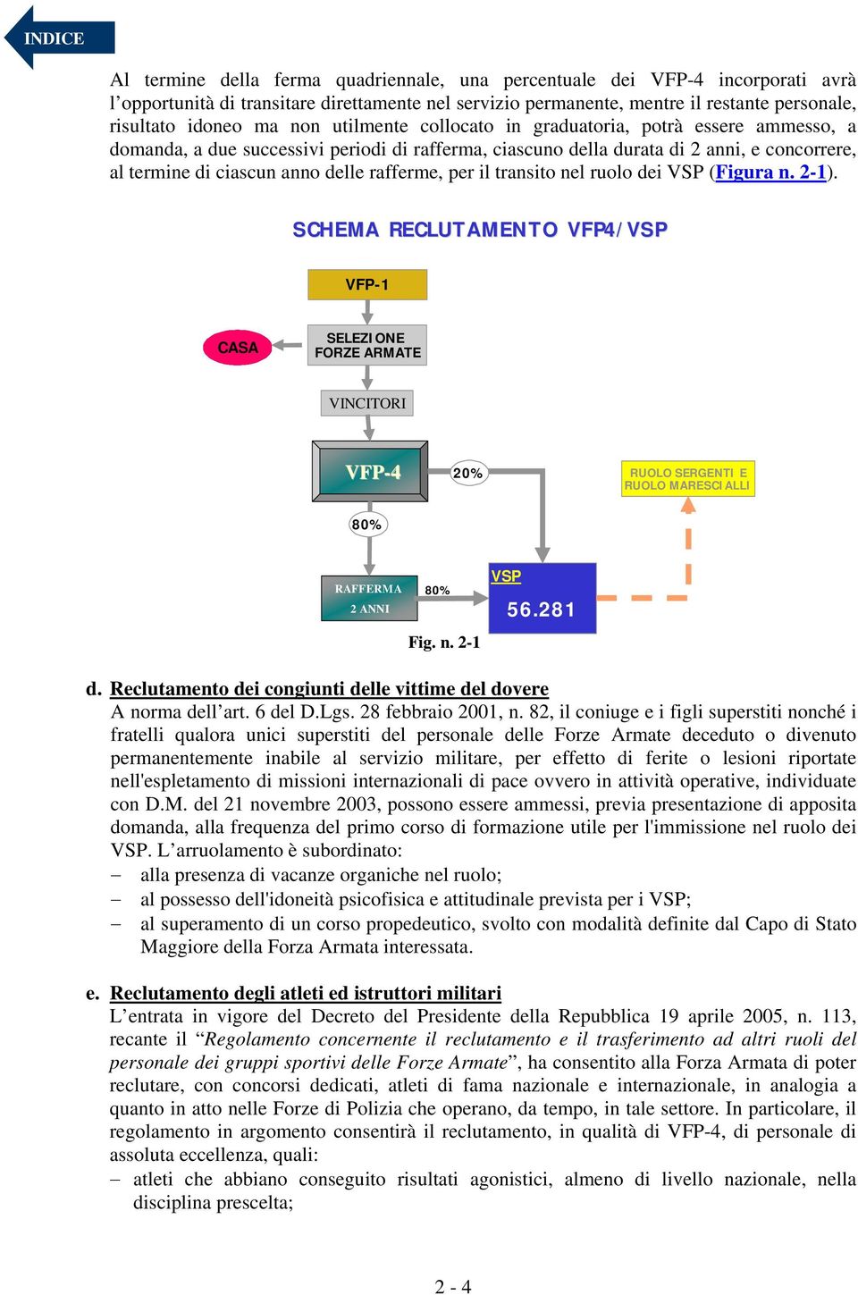 per il transito nel ruolo dei VSP (Figura n. 2-1). SCHEMA RECLUTAMENTO VFP4/VSP 46 VFP-1 CASA SELEZIONE FORZE ARMATE VINCITORI VFP-4 20% RUOLO SERGENTI E RUOLO MARESCIALLI 80% RAFFERMA 2 ANNI 80% Fig.