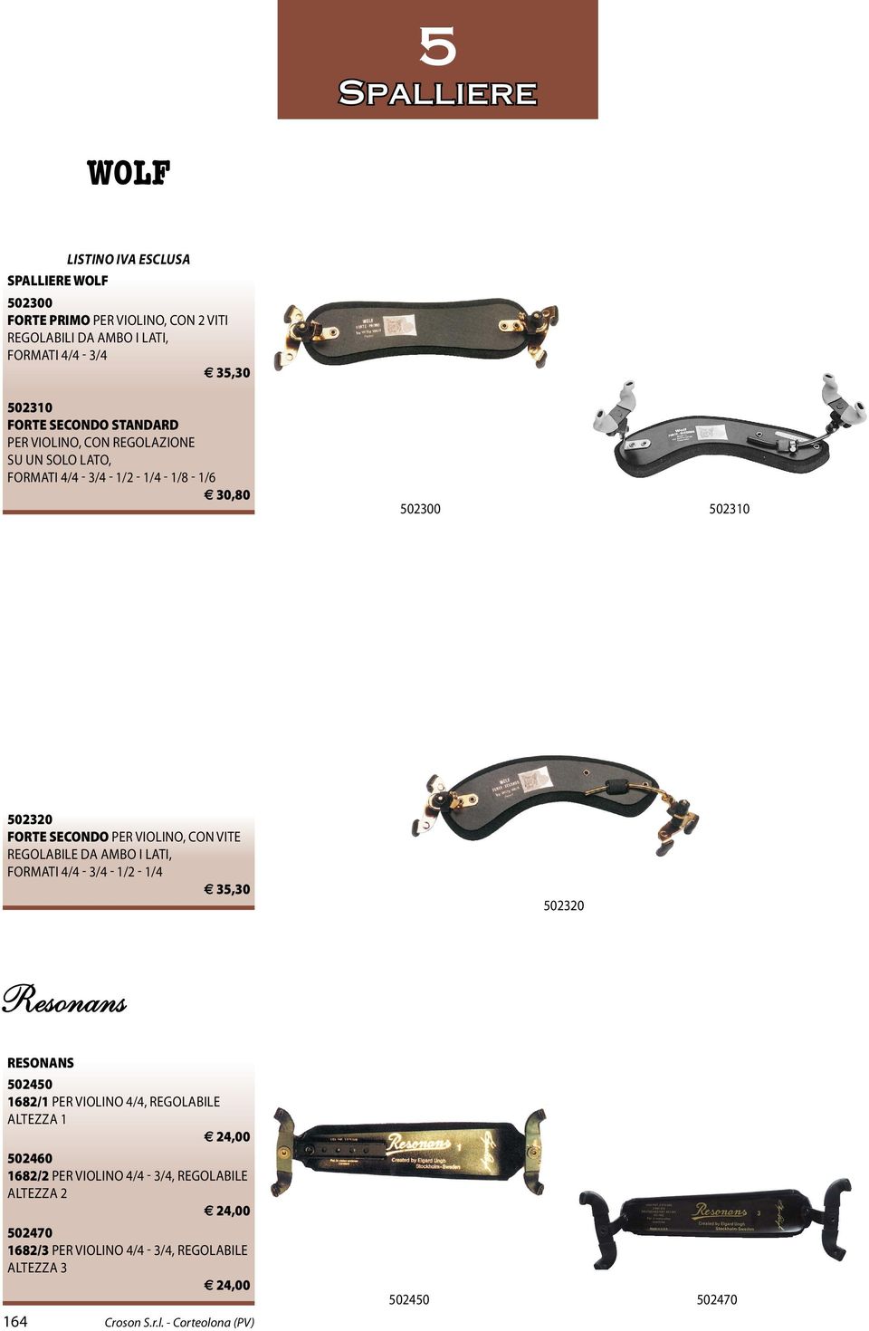 da ambo i lati, formati 4/4-3/4-1/2-1/4 35,30 502320 Resonans RESONANS 502450 1682/1 per violino 4/4, regolabile altezza 1 24,00 502460 1682/2 per