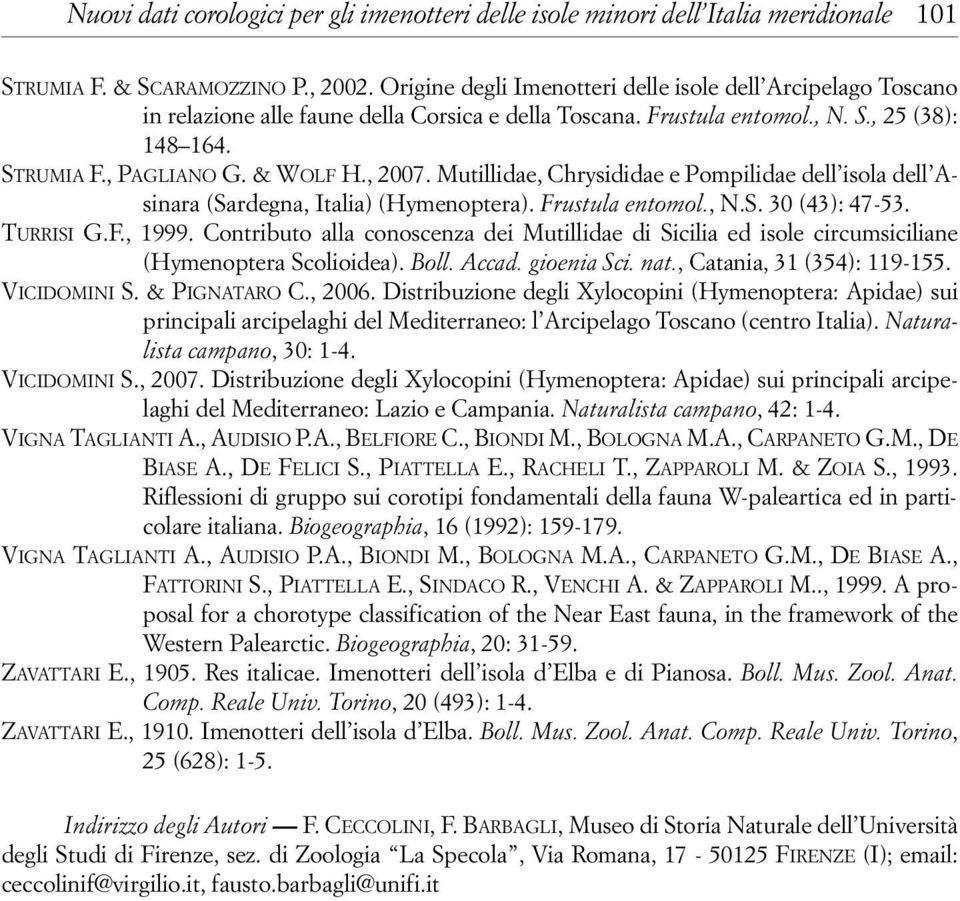 Mutillidae, Chrysididae e Pompilidae dell isola dell Asinara (Sardegna, Italia) (Hymenoptera). Frustula entomol., N.S. 30 (43): 47-53. TURRISI G.F., 1999.