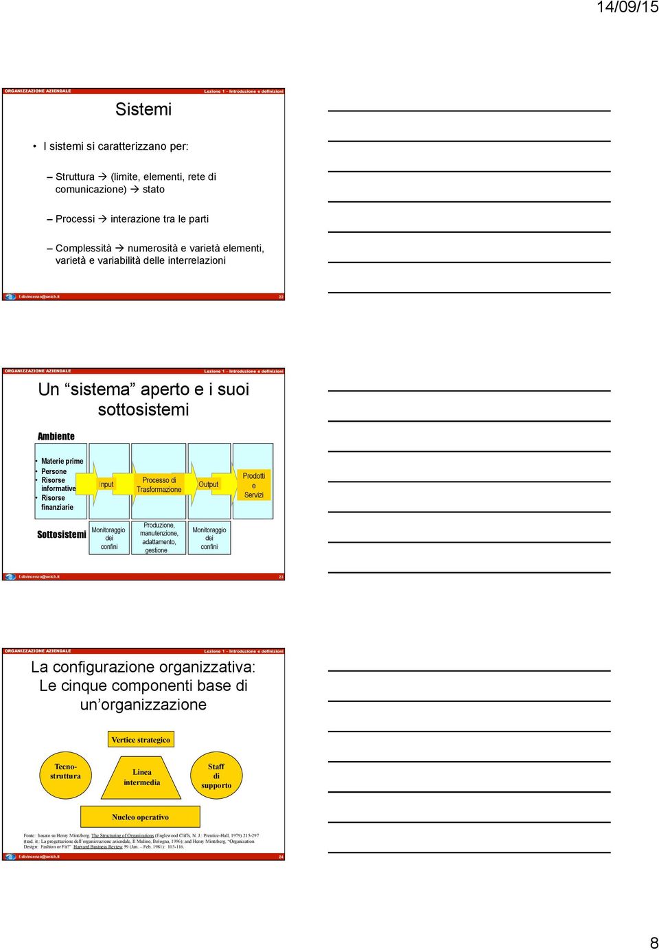 Servizi Sottosistemi Monitoraggio dei confini Produzione, manutenzione, adattamento, gestione Monitoraggio dei confini 23 La configurazione organizzativa: Le cinque componenti base di un