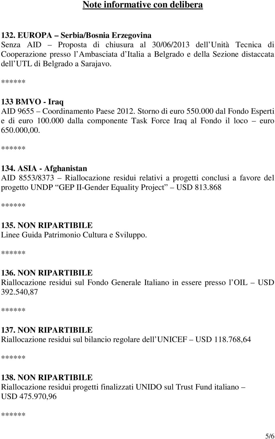 a Sarajavo. 133 BMVO - Iraq AID 9655 Coordinamento Paese 2012. Storno di euro 550.000 dal Fondo Esperti e di euro 100.000 dalla componente Task Force Iraq al Fondo il loco euro 650.000,00. 134.